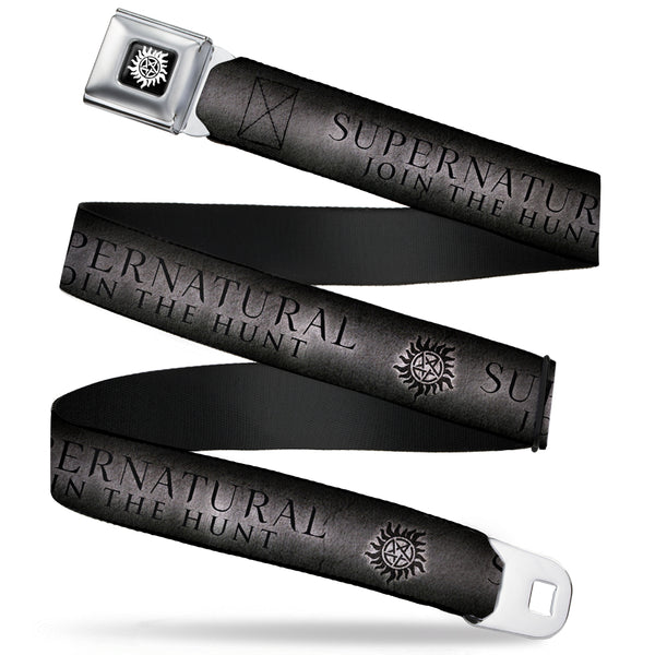 buckle down Winchester Logo Full Color Black White Seatbelt Belt - SUPERNATURAL-JOIN THE HUNT/Winchester Pentagram Grays/Black Webbing