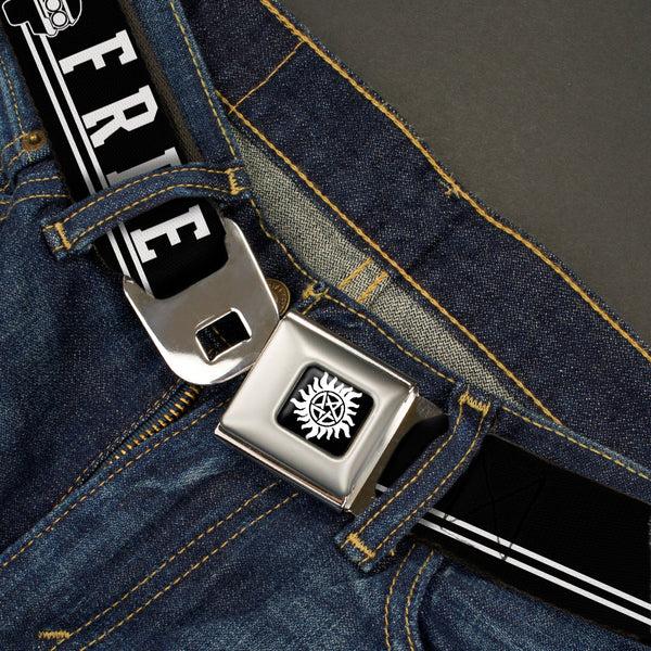 Buckle Down Winchester Logo Full Color Black White Seatbelt Belt - SUPERNATURAL TEAM FREE WILL/Impala Black/White Webbing