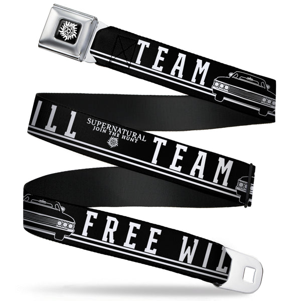 buckle down Winchester Logo Full Color Black White Seatbelt Belt - SUPERNATURAL TEAM FREE WILL/Impala Black/White Webbing