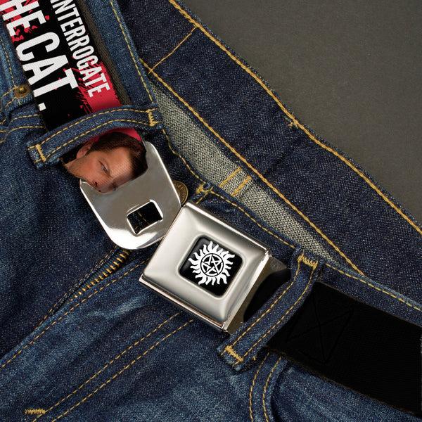 Buckle Down Winchester Logo Full Color Black White Seatbelt Belt - SUPERNATURAL Castiel I'LL INTERROGATE THE CAT Black/Blood Splatter/White Webbing