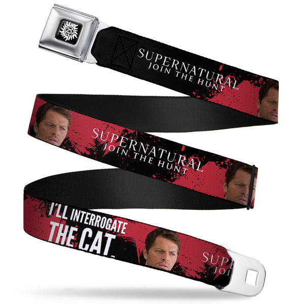 buckle down Winchester Logo Full Color Black White Seatbelt Belt - SUPERNATURAL Castiel I'LL INTERROGATE THE CAT Black/Blood Splatter/White Webbing