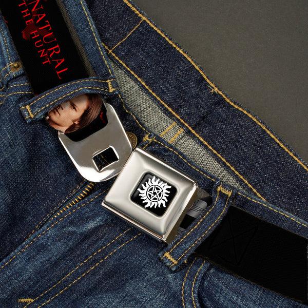 Buckle Down Winchester Logo Full Color Black White Seatbelt Belt - SUPERNATURAL-WINCHESTER BROS. SCREW DESTINY/Pose Black/Red/White Webbing