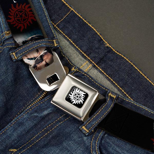 Buckle Down Winchester Logo Full Color Black White Seatbelt Belt - Winchester Brothers Faces CLOSE-UP & Logo Webbing