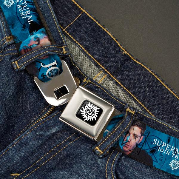 Buckle Down Winchester Logo Full Color Black White Seatbelt Belt - SUPERNATURAL Dean Pose/JOIN THE HUNT Blues/White Webbing