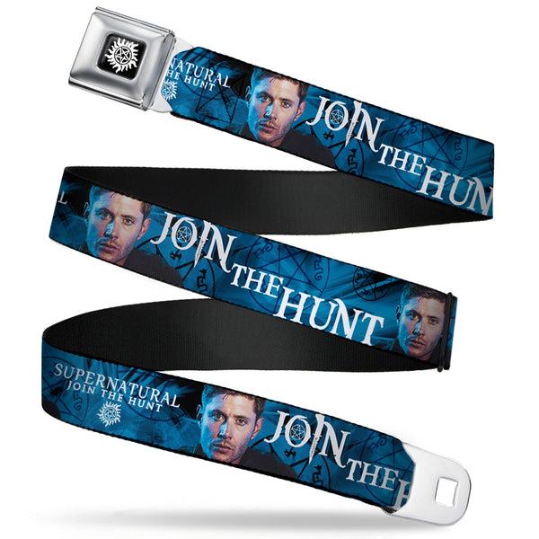 buckle down Winchester Logo Full Color Black White Seatbelt Belt - SUPERNATURAL Dean Pose/JOIN THE HUNT Blues/White Webbing