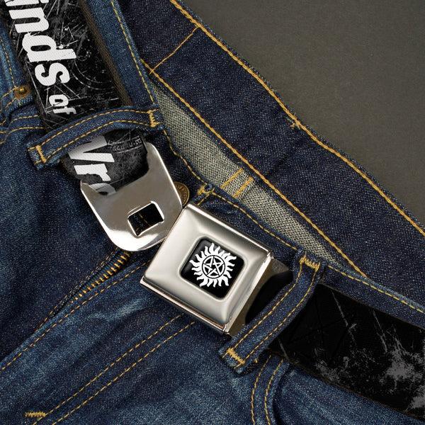 Buckle Down Winchester Logo Full Color Black White Seatbelt Belt - SUPERNATURAL Dean Pose/THIS IS ALL KINDS OF WRONG Grays/White Webbing