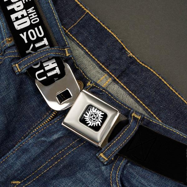 Buckle Down Winchester Logo Full Color Black White Seatbelt Belt - Castiel/Hand Print RAISED FROM PERDITION Black/Red/Grays/White Webbing