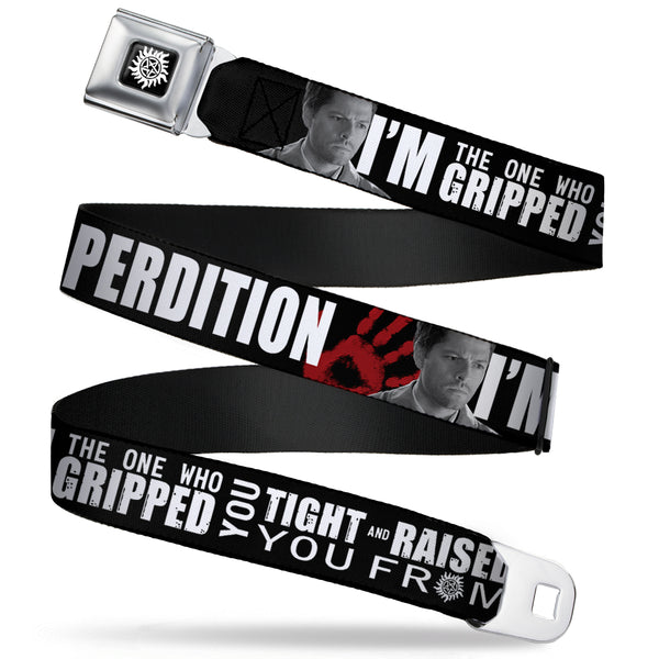 buckle down Winchester Logo Full Color Black White Seatbelt Belt - Castiel/Hand Print RAISED FROM PERDITION Black/Red/Grays/White Webbing
