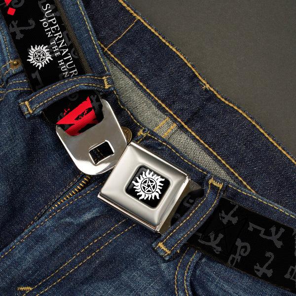Buckle Down Winchester Logo Full Color Black White Seatbelt Belt - SUPERNATURAL WELL KIDS DON'T TRY THIS AT HOME/Symbols Black/Gray/Red/White Webbing