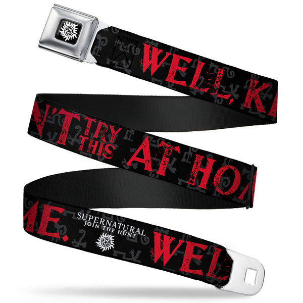buckle down Winchester Logo Full Color Black White Seatbelt Belt - SUPERNATURAL WELL KIDS DON'T TRY THIS AT HOME/Symbols Black/Gray/Red/White Webbing