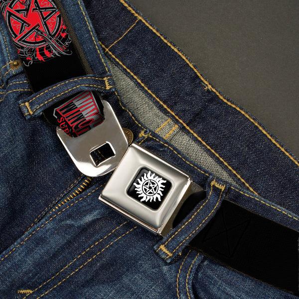 Buckle Down Winchester Logo Full Color Black White Seatbelt Belt - THE WINCHESTER BROS/Flaming Pentagram Black/White/Reds Webbing