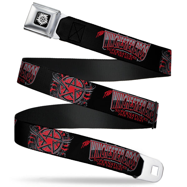 buckle down Winchester Logo Full Color Black White Seatbelt Belt - THE WINCHESTER BROS/Flaming Pentagram Black/White/Reds Webbing
