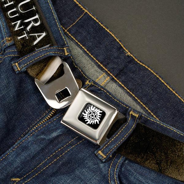 Buckle Down Winchester Logo Full Color Black White Seatbelt Belt - SUPERNATURAL-JOIN THE HUNT/White Snake Webbing