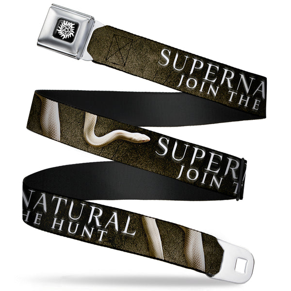 buckle down Winchester Logo Full Color Black White Seatbelt Belt - SUPERNATURAL-JOIN THE HUNT/White Snake Webbing