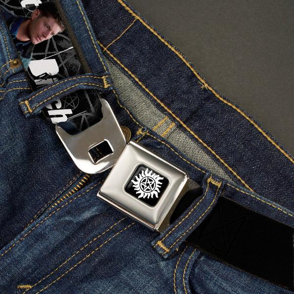 Buckle Down Winchester Logo Full Color Black White Seatbelt Belt - SUPERNATURAL 4-Character Poses/ASSBUTT-BITCH-JERK-IDJITS Black/Gray/White Webbing