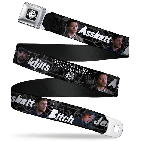 buckle down Winchester Logo Full Color Black White Seatbelt Belt - SUPERNATURAL 4-Character Poses/ASSBUTT-BITCH-JERK-IDJITS Black/Gray/White Webbing