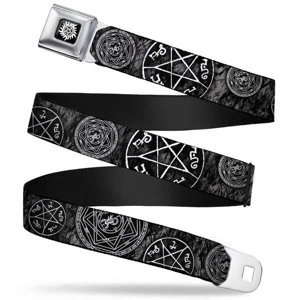 buckle down Winchester Logo Full Color Black White Seatbelt Belt - Supernatural Devil's Trap Pentagrams Grays/Black/White Webbing