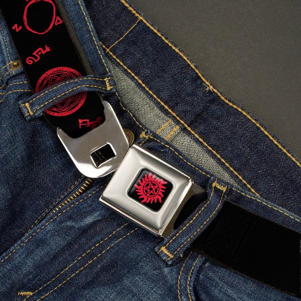 Buckle Down Winchester Pentagram Full Color Black Red Seatbelt Belt - Supernatural Symbols Scattered Black/Red Webbing