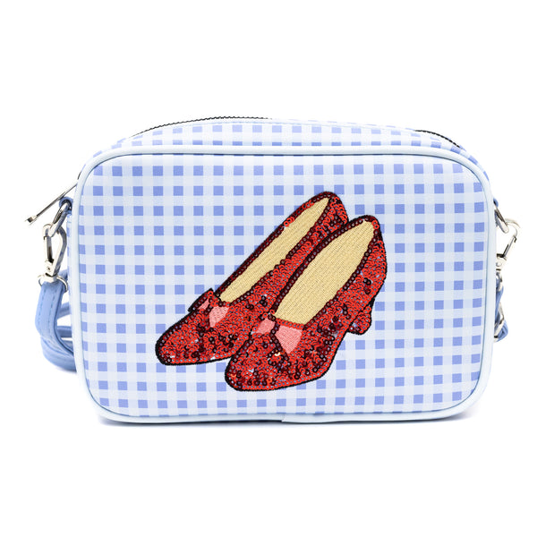 buckle down Wizard of Oz Bag Cross Body The Wizard of Oz Dorothy Sequined Ruby Slippers with Toto Pose Blue Vegan Leather