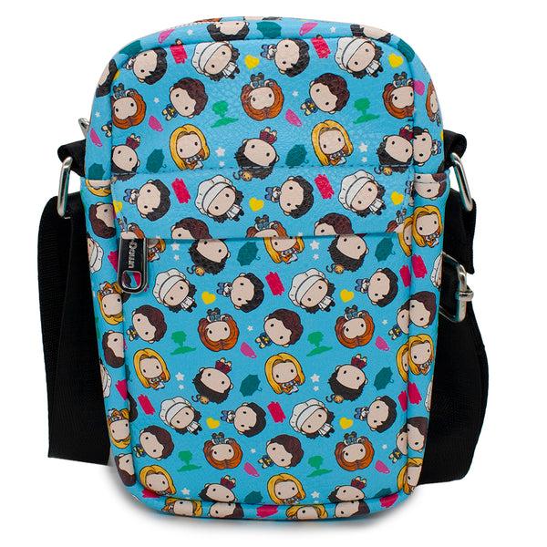 buckle down Women's Crossbody Wallet - Friends Chibi Character Kids and Icons Scattered Blue