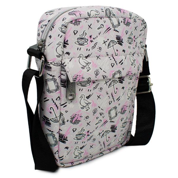 Buckle Down Women's Crossbody Wallet - Friends Television Show Icons Sketch Collage Gray Black Pink