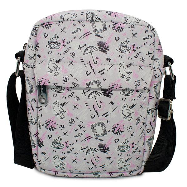 buckle down Women's Crossbody Wallet - Friends Television Show Icons Sketch Collage Gray Black Pink