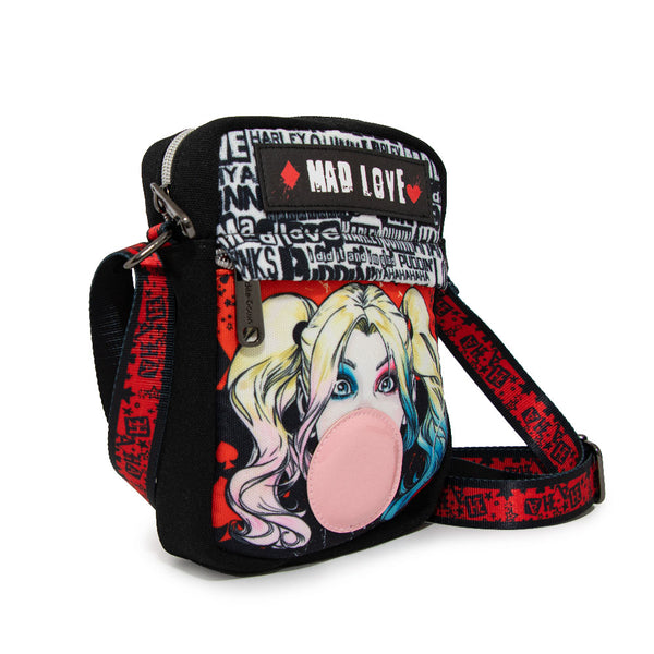 Buckle Down Women's Crossbody Wallet - Harley Quinn MAD LOVE Bubble Gum Pose Black Red