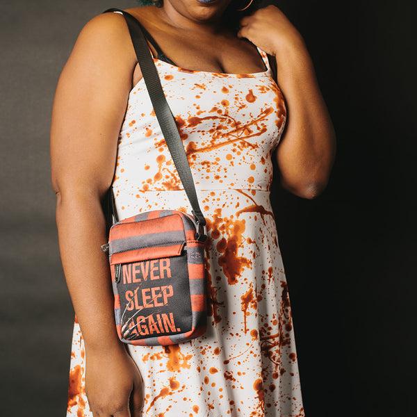 Buckle Down Women's Crossbody Wallet - Nightmare On Elm Street Freddy Krueger Stripes NEVER SLEEP AGAIN Red Grays