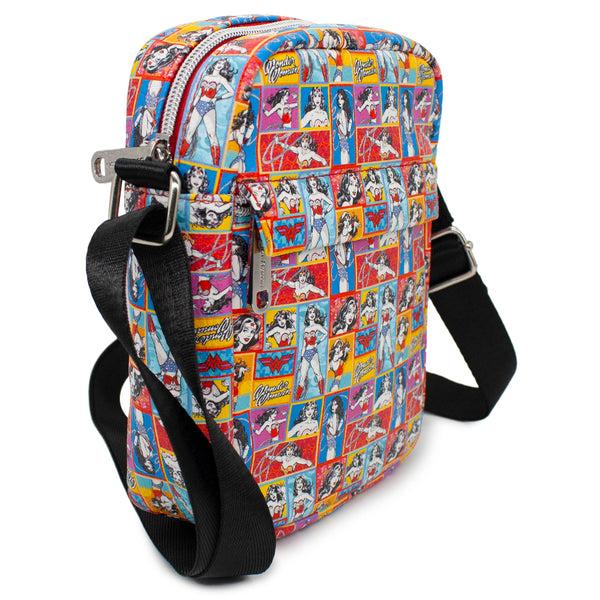 Buckle Down Women's Crossbody Wallet - Wonder Woman Poses Script And Logo Blocks Multi Color
