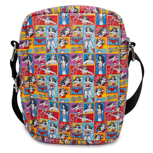 Buckle Down Women's Crossbody Wallet - Wonder Woman Poses Script And Logo Blocks Multi Color