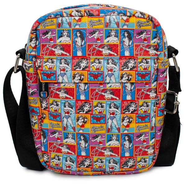 buckle down Women's Crossbody Wallet - Wonder Woman Poses Script and Logo Blocks Multi Color