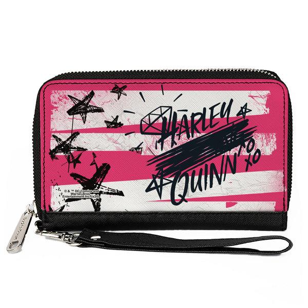 buckle down Women's PU Zip Around Wallet Rectangle - Birds of Prey HARLEY QUINN Text Diamond Stars Pinks White Black