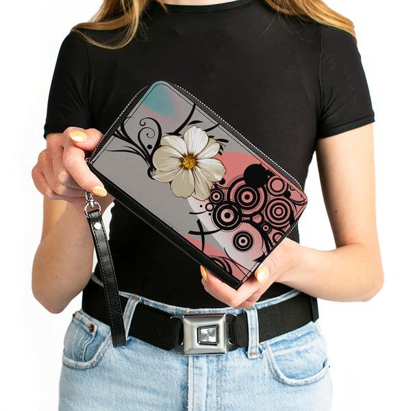 Buckle Down Women's PU Zip Around Wallet Rectangle - Flowers W Filigree Pink