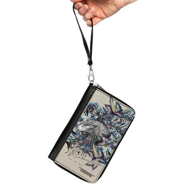 Buckle Down Women's PU Zip Around Wallet Rectangle - Harry Potter RAVENCLAW Floral Eagle Sketch Grays Blues
