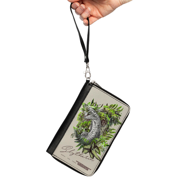 Buckle Down Women's PU Zip Around Wallet Rectangle - Harry Potter SLYTHERIN Floral Serpent Sketch Grays Greens