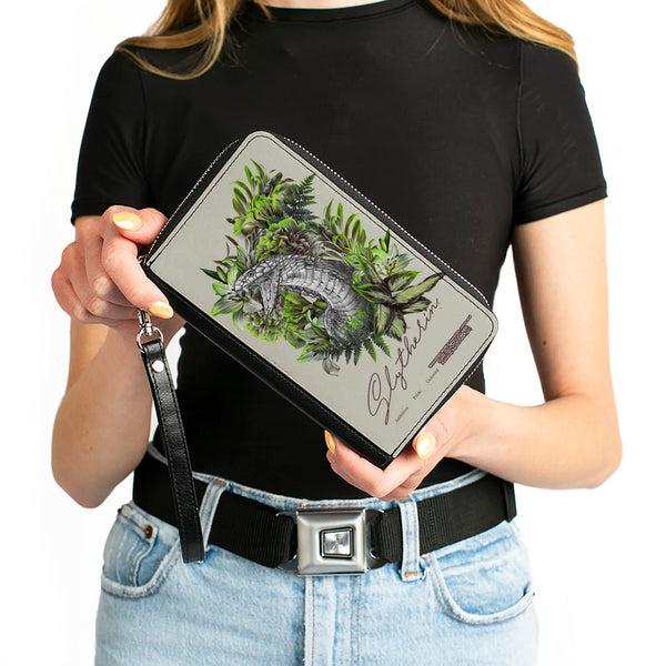 Buckle Down Women's PU Zip Around Wallet Rectangle - Harry Potter SLYTHERIN Floral Serpent Sketch Grays Greens