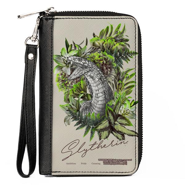 buckle down Women's PU Zip Around Wallet Rectangle - Harry Potter SLYTHERIN Floral Serpent Sketch Grays Greens