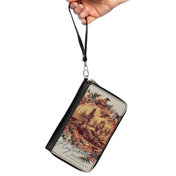 Buckle Down Women's PU Zip Around Wallet Rectangle - Harry Potter Hogwarts Castle Floral Collage Gray