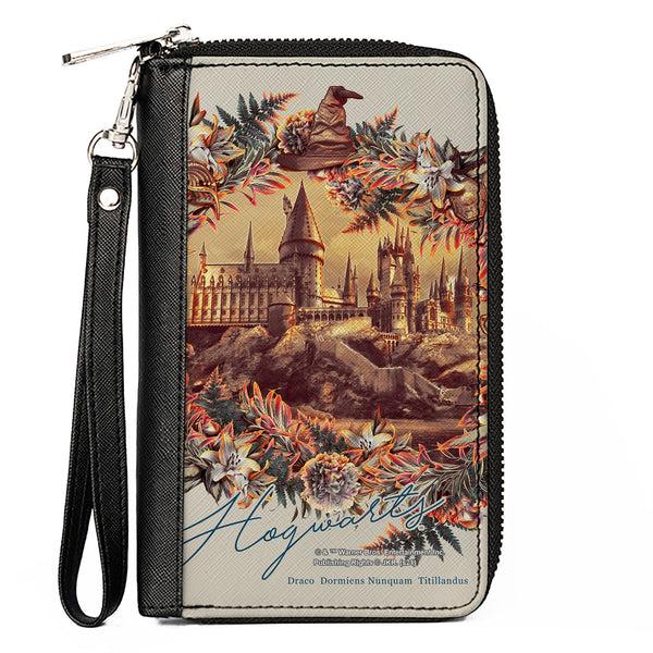 buckle down Women's PU Zip Around Wallet Rectangle - Harry Potter Hogwarts Castle Floral Collage Gray