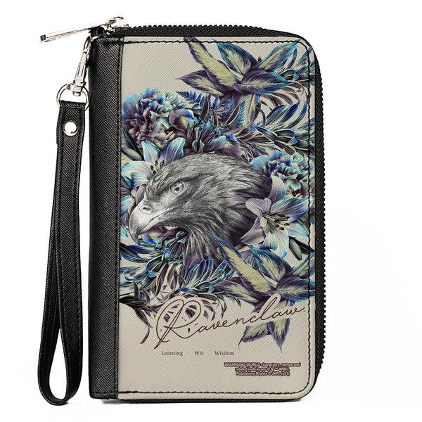 buckle down Women's PU Zip Around Wallet Rectangle - Harry Potter RAVENCLAW Floral Eagle Sketch Grays Blues