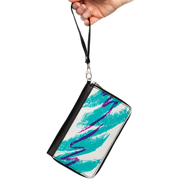 Buckle Down Women's PU Zip Around Wallet Rectangle - Jazzy Wave Scribble White Teal Purple