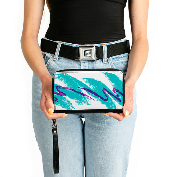 Buckle Down Women's PU Zip Around Wallet Rectangle - Jazzy Wave Scribble White Teal Purple