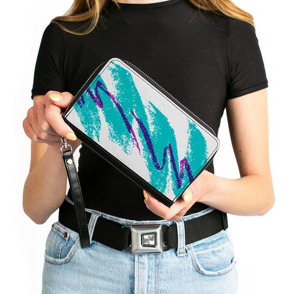 Buckle Down Women's PU Zip Around Wallet Rectangle - Jazzy Wave Scribble White Teal Purple