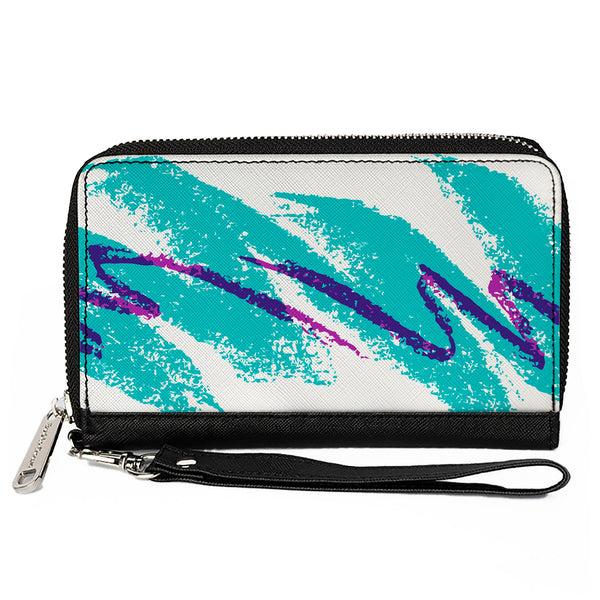 buckle down Women's PU Zip Around Wallet Rectangle - Jazzy Wave Scribble White Teal Purple