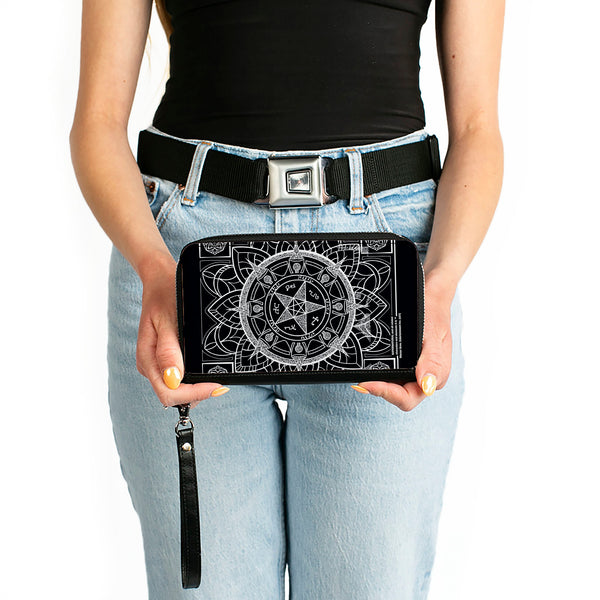 Buckle Down Women's PU Zip Around Wallet Rectangle - Supernatural Devil's Trap Symbol CLOSE-UP Black White