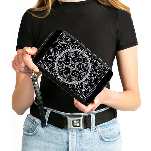 Buckle Down Women's PU Zip Around Wallet Rectangle - Supernatural Devil's Trap Symbol CLOSE-UP Black White