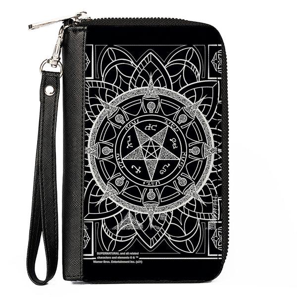 buckle down Women's PU Zip Around Wallet Rectangle - Supernatural Devil's Trap Symbol CLOSE-UP Black White