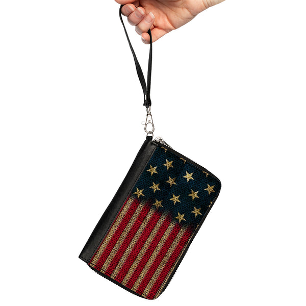 Buckle Down Women's PU Zip Around Wallet Rectangle - Vintage US Flag Stretch