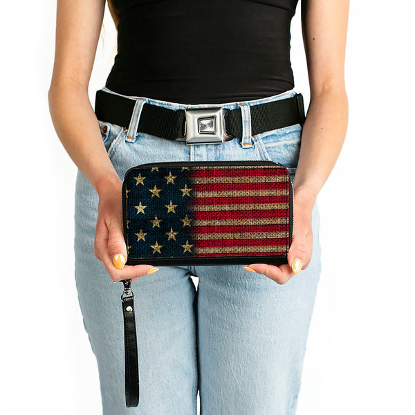 Buckle Down Women's PU Zip Around Wallet Rectangle - Vintage US Flag Stretch