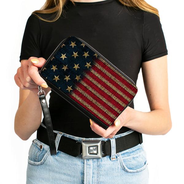 Buckle Down Women's PU Zip Around Wallet Rectangle - Vintage US Flag Stretch